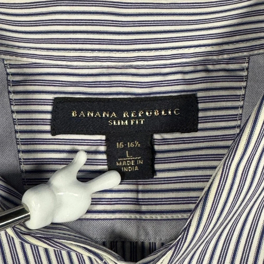 Banana Republic Mens Slim Fit Striped Button Down Dress Shirt Navy‎ White Large
